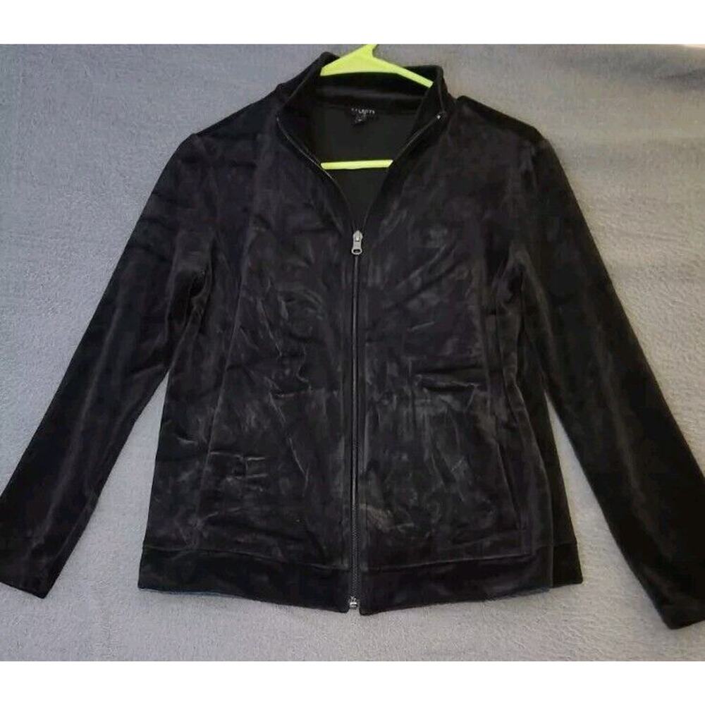 Talbots Jacket Womens SP S Petite Black Velour Velvet Mock‎ Neck Zip Up Sweater